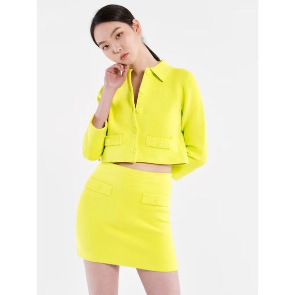 Alice + Olivia Ila Knit Neon Collared Cardigan Sweater Top Green Yellow XS - Picture 2 of 12